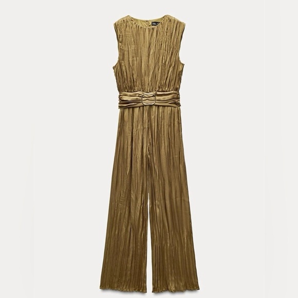 ZARA Like new! Classy Satin Jumpsuit w Buckle in Golden Bronze L - Picture 4 of 12